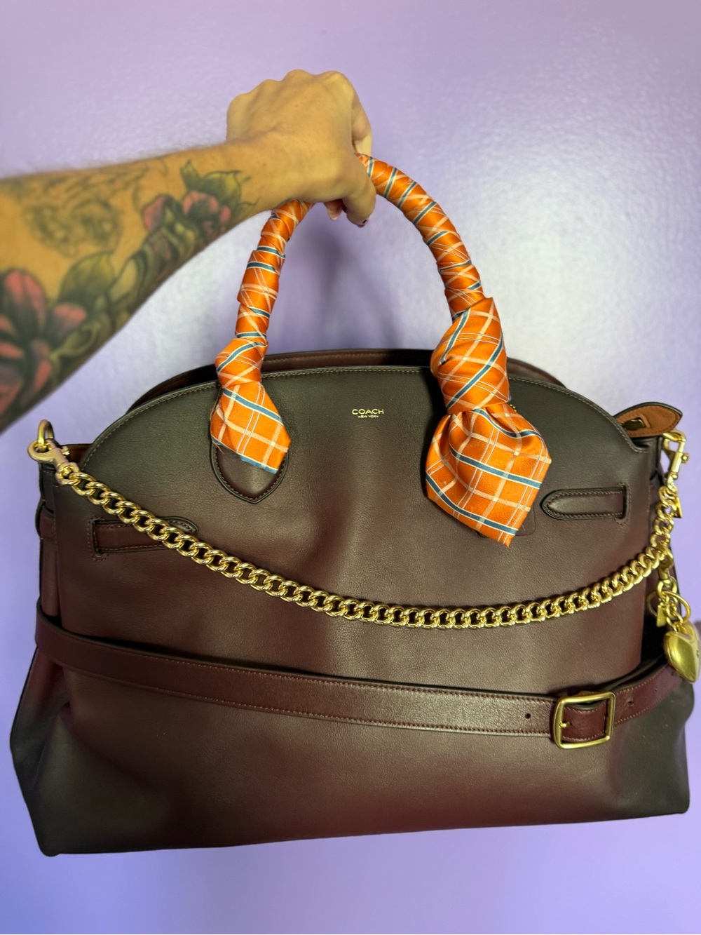 COACH Burgundy Leather Satchel with Gold Chain and Orange Scarf-Wrapped Handles